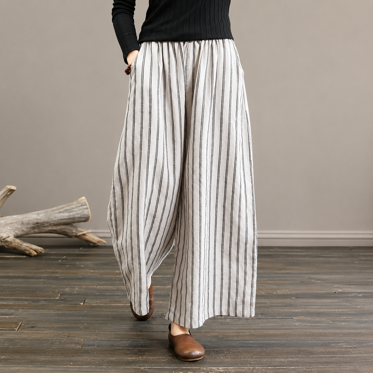 Nerea - Pantalón de Rayas de Lino y Algodón
