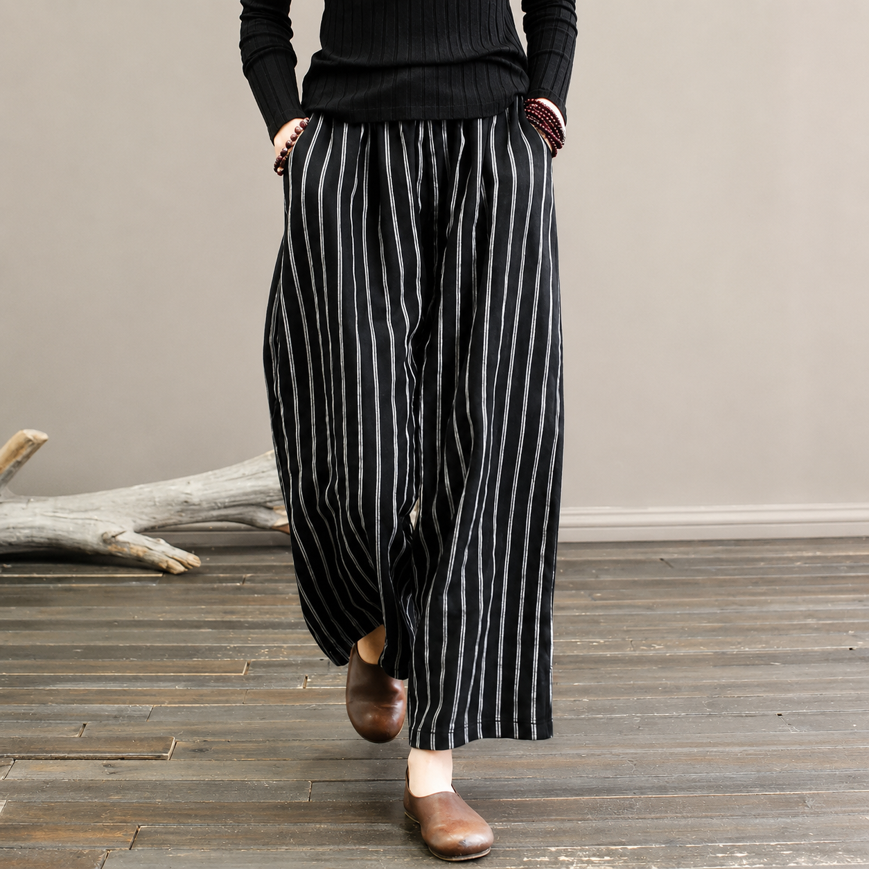 Nerea - Pantalón de Rayas de Lino y Algodón
