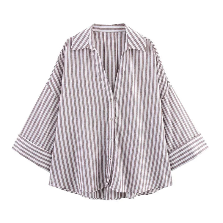 Violeta - Camisa Larga de Lino y Poliéster a Rayas