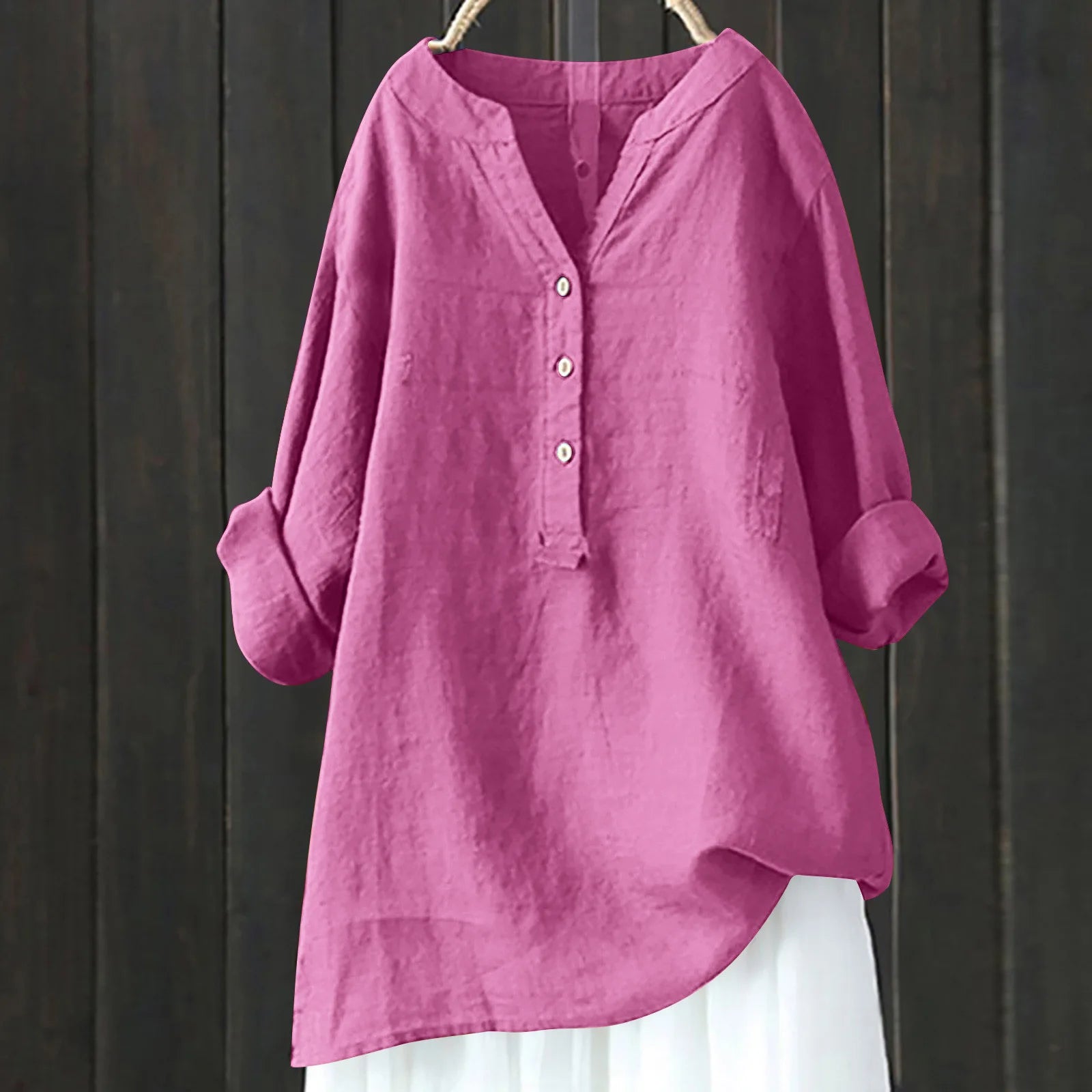 Rocío - Blusa Larga de Lino y Algodón con Escote en V