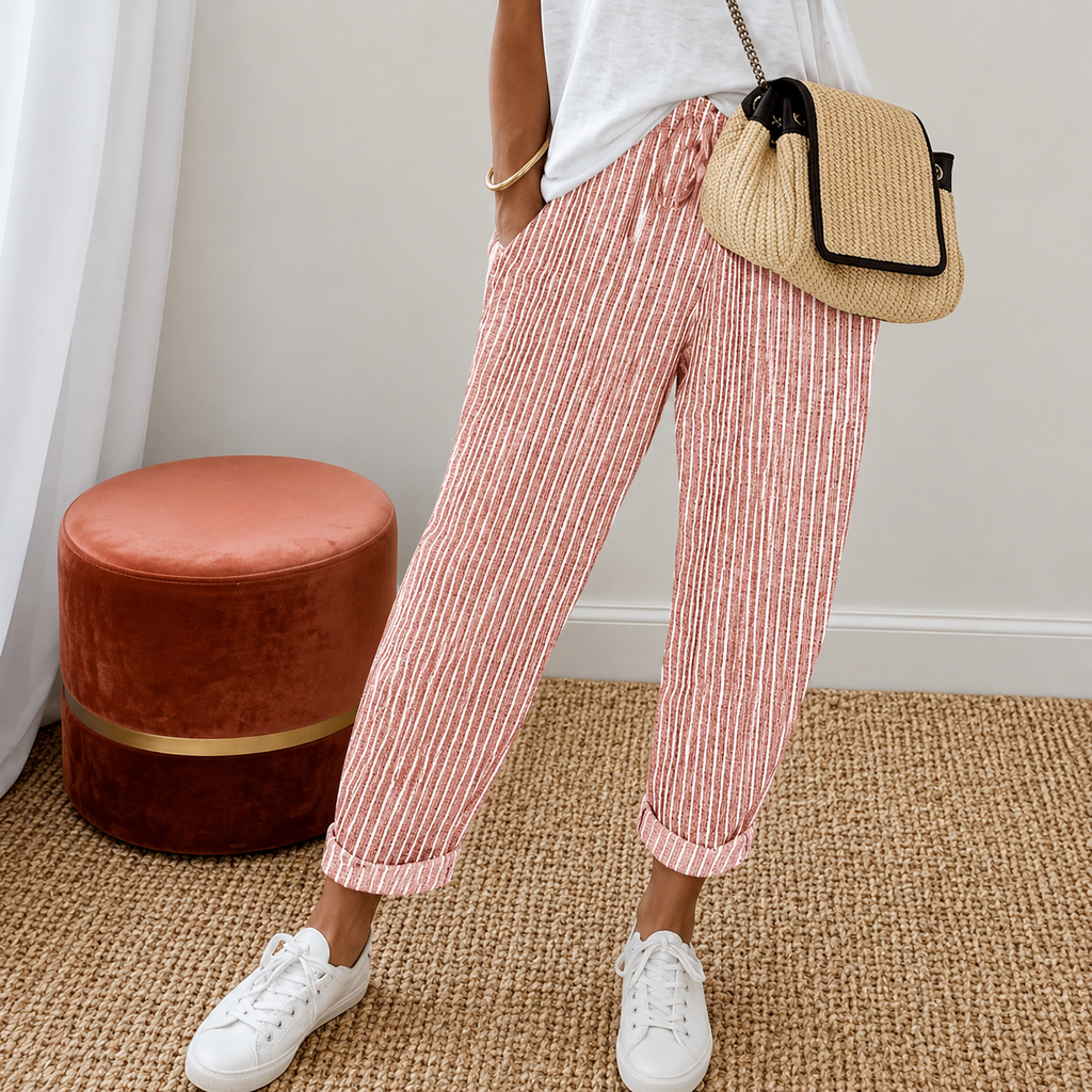 Susana- Pantalón de Rayas con Puño de Poliéster y Elastano