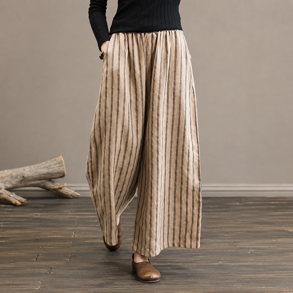 Nerea - Pantalón de Rayas de Lino y Algodón